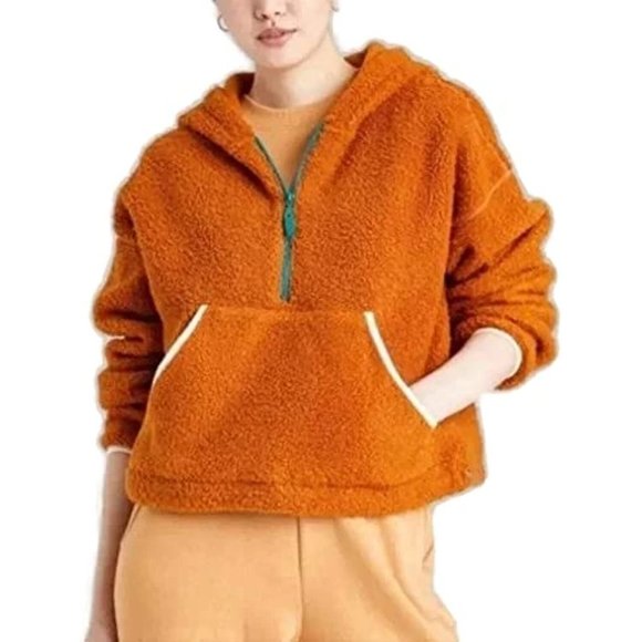 Women's Half-Zip Sherpa Anorak Hoodie Jacket -  Rust Color - Picture 1 of 8